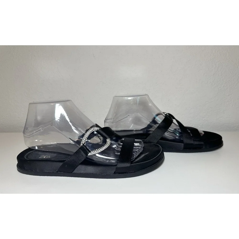 ZARA *NEW* Black‎ Satin Rhinestone Slides Slip On Flat Sandals Women EU 39 US 8 - Picture 5 of 8